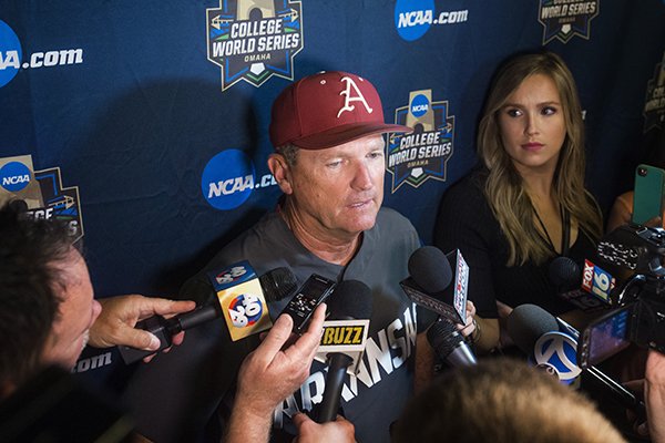 Dave Van Horn, Arkansas head coach, talks to the press Tuesday, June 19, 2018 after game eight of the NCAA Men's College World Series between Arkansas and Texas Tech was postponed at TD Ameritrade Park in Omaha.