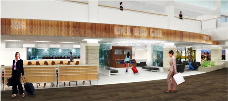 An artist’s rendering shows the pre-security lobby, including the River Bend restaurant, at Bill and Hillary Clinton National Airport/Adams Field as envisioned for a $9.2 million project that is yet to be approved.