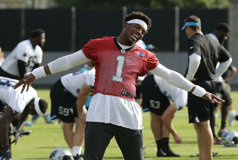 Carolina Panthers quarterback Cam Newton is shown in Charlotte on Thursday. Newton lost his temper with two football campers in Bradenton, Fla., when they mocked his fumble from a recent Super Bowl loss.
