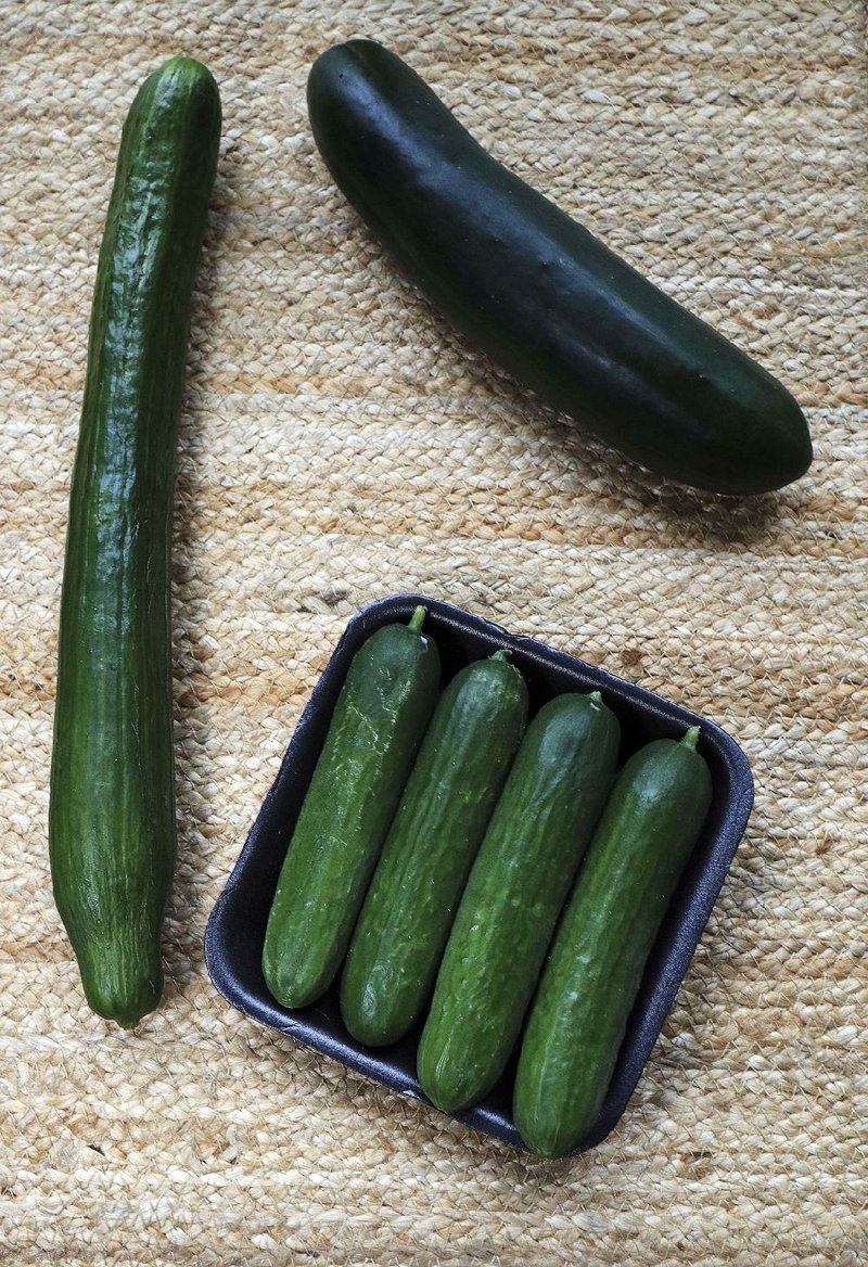 English cucumbers are long and skinny with a thin, edible skin and few seeds; common or garden cucumbers have thick, shiny skin and often require peeling and seeding before eating; Persian cucumbers, often labeled mini seedless cucumbers, are about 6 inches long with thin, edible skins.