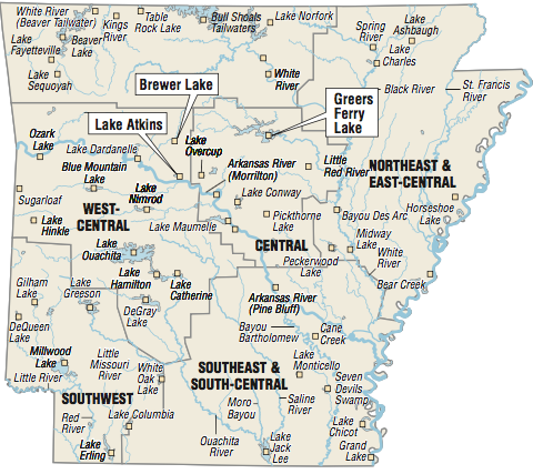 A map showing the location of Arkansas fishing spots.
