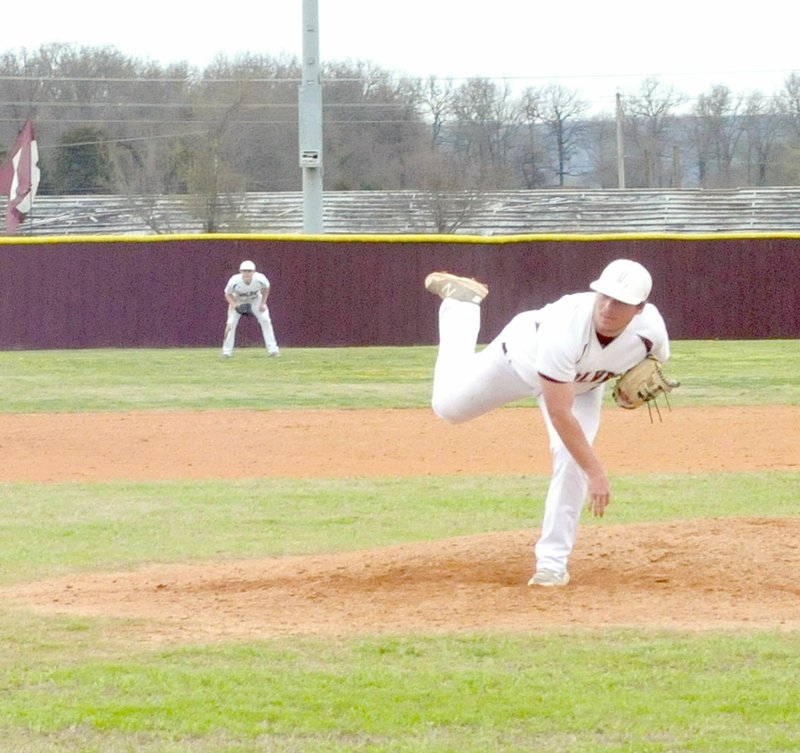 MAKR HUMPHREY ENTERPRISE-LEADER Lincoln junior Caleb Lloyd, shown pitching against Prairie Grove, earned All-Conference baseball honors. Lloyd led the Wolves in several categories and also won the team Silver Slugger Award.