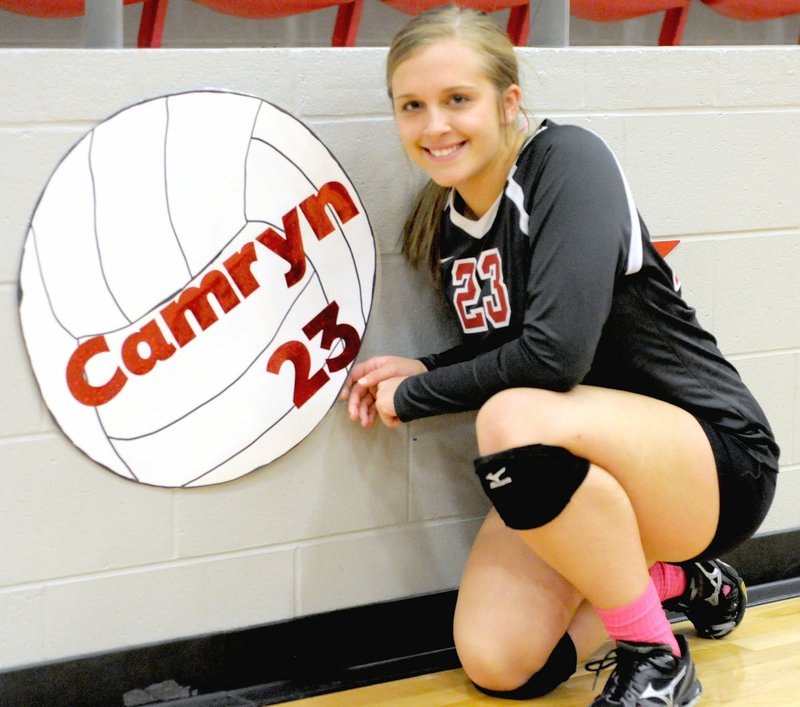 MARK HUMPHREY ENTERPRISE-LEADER Farmington 2018 graduate Camryn Journagan played volleyball in the fall of her senior year in the first of three sports she lettered in. This photo was taken on senior night, Oct. 12, 2017, at Cardinal Arena. Journagan has been named Female Athlete-of-the-Year for school year 2017-2018 at Farmington by the Enterprise-Leader.