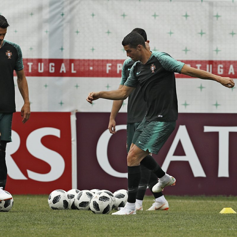 during Portugal's official training on the eve of the group B match between Portugal and Morocco at the 2018 soccer World Cup, in Kratovo, outskirts Moscow, Russia, Tuesday, June 19, 2018. (AP Photo/Francisco Seco)