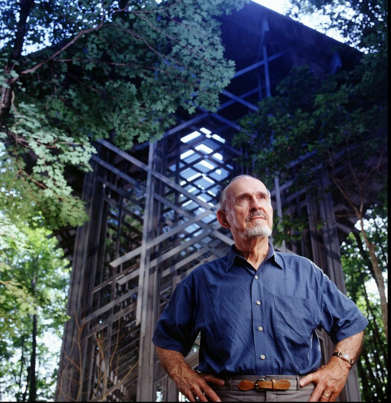  E. Fay Jones stands in front of Thorncrown Chapel near Eureka Springs, arguably his most beloved design. 