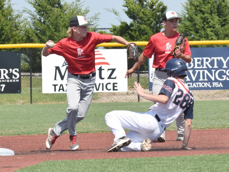 RICK PECK/SPECIAL TO MCDONALD COUNTY PRESS McDonald County second baseman Wyatt Jordan forces a Wichita Slugger runner out at second before throwing to first for an attempt at a double play as McDonald County second baseman Josh Parsons looks on. Wichita claimed an 8-7 win on June 14 in the Fort Scott 16U Baseball Tournament.