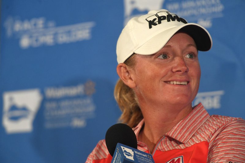 NWA Democrat-Gazette/J.T. WAMPLER Stacy Lewis, former Razorback and current professional golfer, speaks to the press Tuesday June 19, 2018 at Pinnacle Country Club in Rogers.