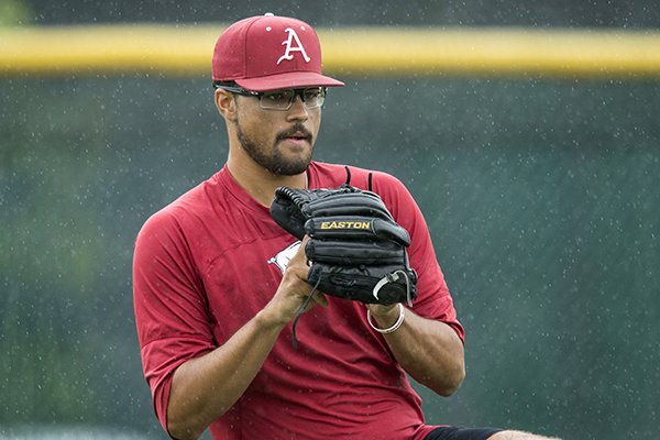 Isaiah Campbell, Arkansas pitcher, Thursday, June 21, 2018, during Arkansas practice at the Creighton pracrice field in Omaha, Neb.