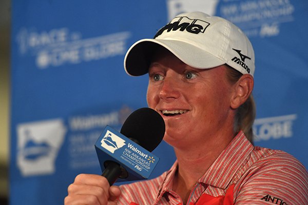 Stacy Lewis, former Razorback and current professional golfer, speaks to the press Tuesday June 19, 2018 at Pinnacle Country Club in Rogers.