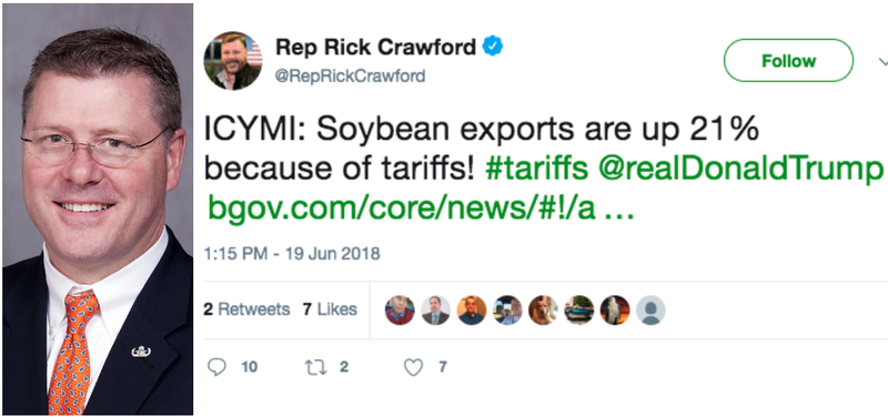 U.S. Rep. Rick Crawford is shown in a file photo at left beside a screenshot of his tweet on tariffs.