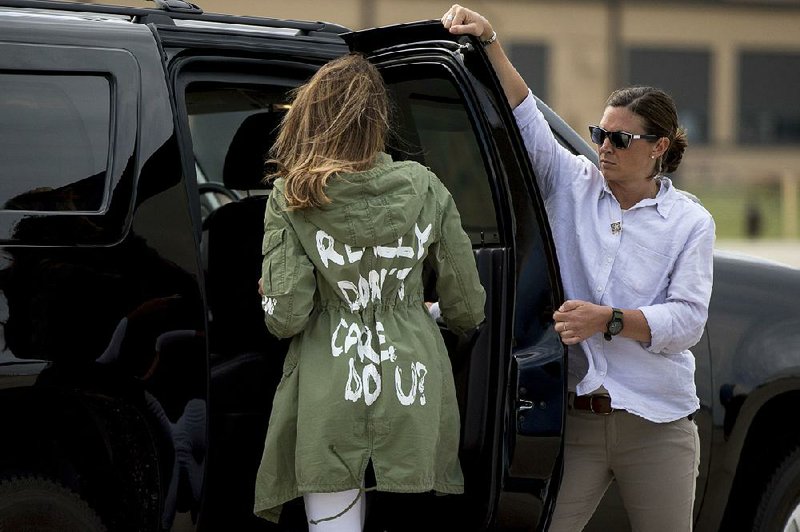 First lady Melania Trump arrives Thursday at Andrews Air Force Base in Maryland after her trip to a shelter in McAllen, Texas, wearing a jacket with “I really don’t care. Do U?” emblazoned on the back. President Donald Trump tweeted that the message “refers to the Fake News Media. Melania has learned how dishonest they are, and she truly no longer cares!”  