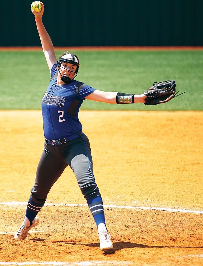 Greenbrier’s Jaylee Englekes delivers a pitch during the Class 5A state-championship game against Farmington at the Benton Athletic Complex on May 19. Englekes is the 2018 River Vally & Ozark Edition Softball Player of the Year. 