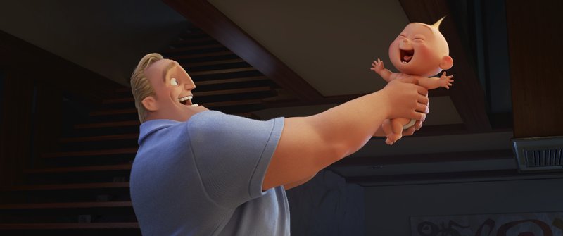 This image released by Disney Pixar shows characters Bob/Mr. Incredible, voiced by Craig T. Nelson, left, and Jack Jack in &quot;Incredibles 2.&quot; (Disney/Pixar via AP)