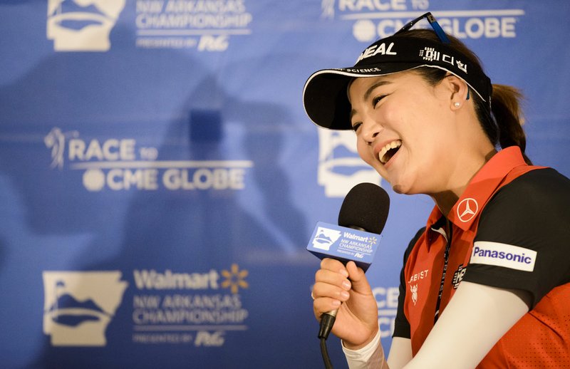 NWA Democrat-Gazette/CHARLIE KAIJO So Yeon Ryu swings speaks at a press conference during the LPGA pro-am day, Thursday, June 21, 2018 at the Pinnacle Country Club in Rogers.