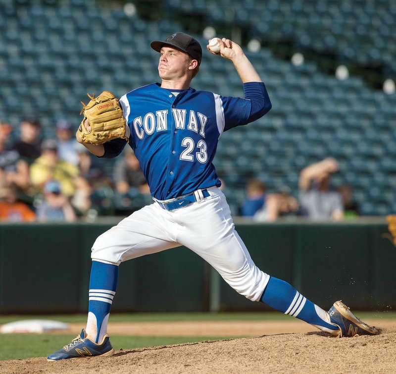 Conway’s Jordan Wicks delivers a pitch during the Class 7A state-championship game against Springdale Har-Ber at Baum Stadium in Fayetteville last month. Wicks is the 2018 River Valley & Ozark Edition Baseball Player of the Year. 