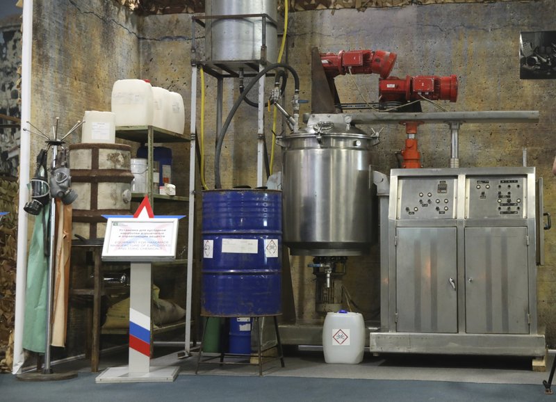 A chemical lab is on display during a briefing by Russian Foreign and Defense Ministries in Kubinka Patriot park outside Moscow, Russia, Friday, June 22, 2018. Russia said Friday that the U.S. and its allies have relied on fabricated evidence to accuse the Syrian government of launching chemical attacks against civilians. (AP Photo)