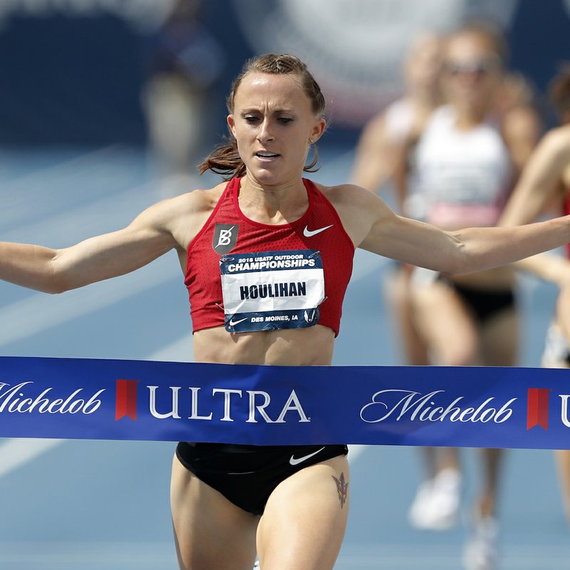 Shelby Houlihan celebrates as she wins the women's 1500-meter run at the U.S. Championships athletics meet, Saturday, June 23, 2018, in Des Moines, Iowa. (AP Photo/Charlie Neibergall)