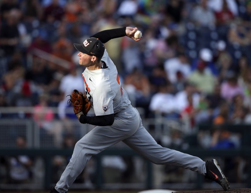 Oregon State pitcher Kevin Abel works against Mississippi State in the first inning of an NCAA College World Series baseball elimination game in Omaha, Neb., Saturday, June 23, 2018. (AP Photo/Nati Harnik)