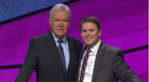 Andrew King, left, with "Jeopardy!" host Alex Trebek