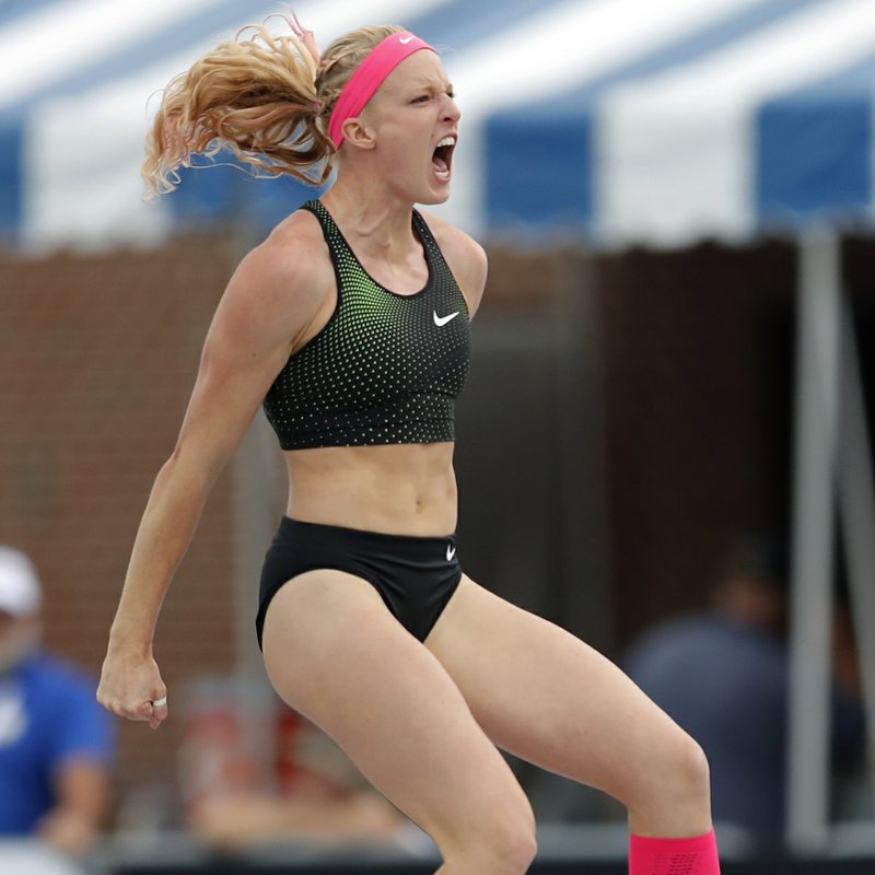 The Associated Press USA TITLE: Sandi Morris celebrates Sunday after clearing the bar in the women's pole vault at the USA Outdoor Track and Field Championships in Des Moines, Iowa.