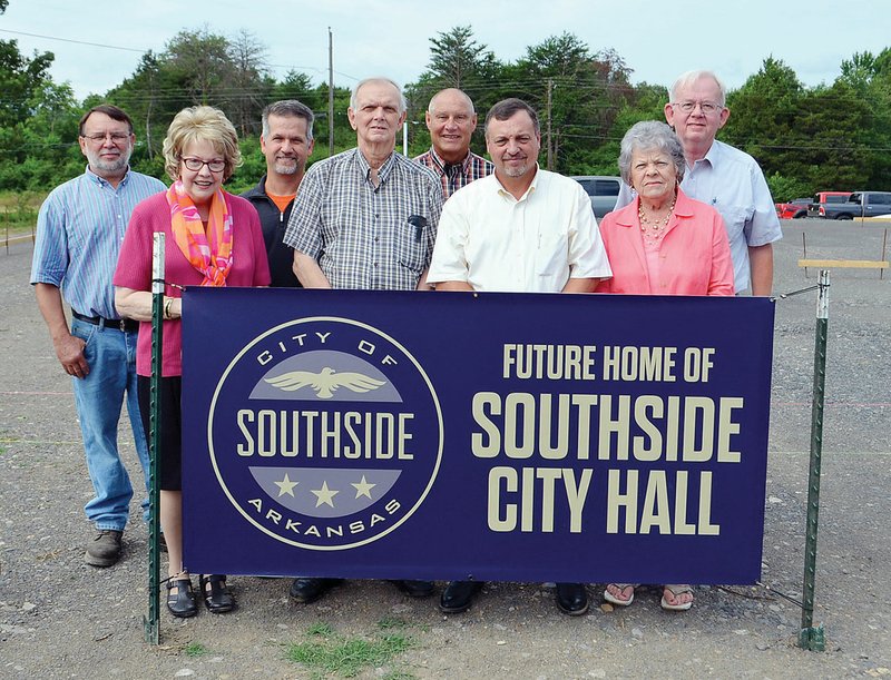 Participating in the groundbreaking for the Southside City Hall are, from left, Joey Sample, City Council member; Vera Byrd, city recorder; Bobby Denison, Vince Gay and Tim Fairchild, City Council members; Southside Mayor Ray Bowman; Mary Bowen, City Council member; and Byron Southerland, treasurer.