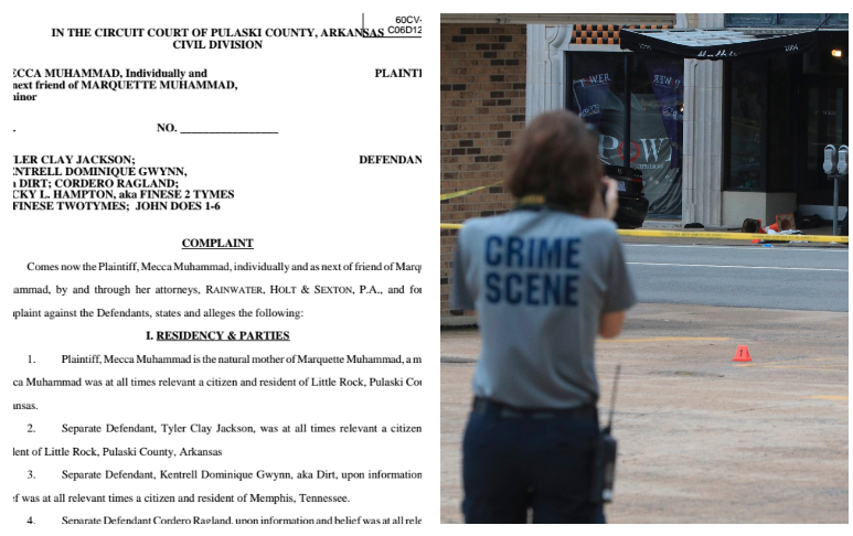 The opening page of a lawsuit filed in the Power Ultra Club shooting is shown alongside a file photo of a police officer collecting evidence outside the business on July 1, 2017.