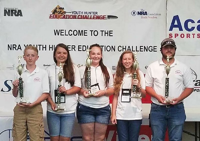 The Benton County “Junior Ozark Youth Shooting Team 1” won the junior division. Team members, from left, were Hunter Stover, Annie Downum, Jessica Hope, Hattie Bittle and Courtney Stephens.