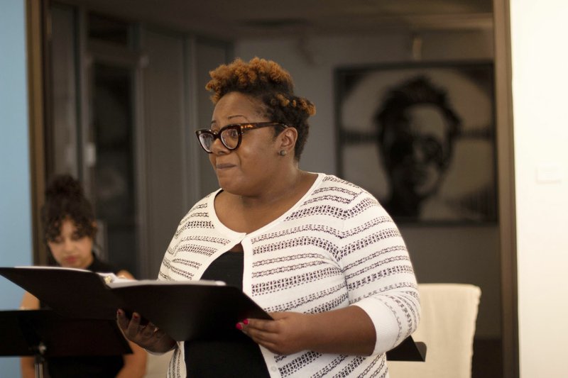 Photo Courtesy Chelsey Herrold Charisma Henderson (foreground) and Claire Fossey (background) will perform in playwright Ashley Edwards' new play, "Field Notes From Mother Earth," July 8 at 21c Museum Hotel in Bentonville. (Art work in background by Samuel Gray.)