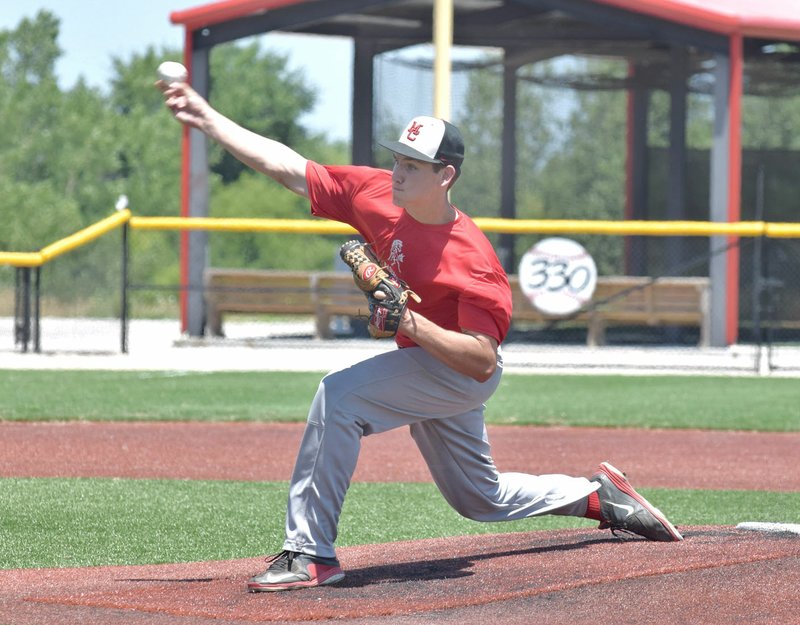 Rick Peck/Special to McDonald County Press Cade Smith throws a pitch in his four-inning no-hitter to lead McDonald County to a 10-0 win over the Arkansas Express on June 29 in the Fort Scott 18U Baseball Tournament in Fort Scott, Kan.
