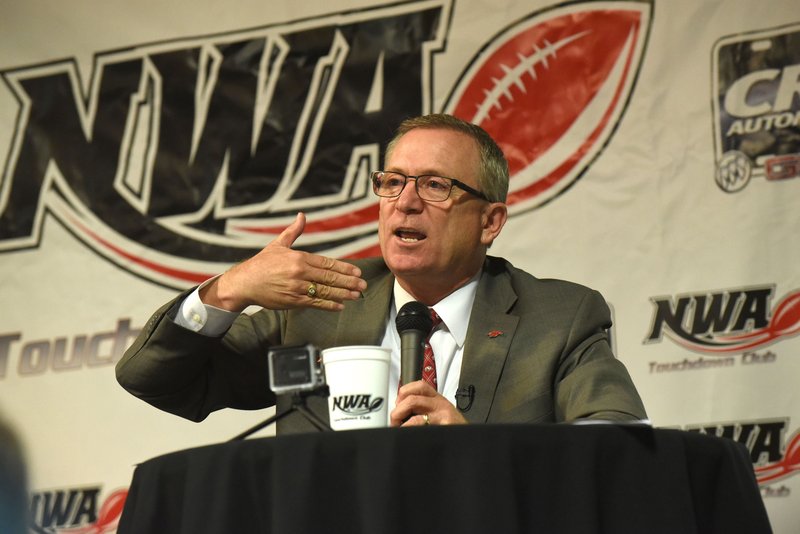 NWA Democrat-Gazette/FLIP PUTTHOFF
Jeff Long, University of Arkansas, Fayetteville, athletic director, answers questions Wednesday Sept. 6 2017 at the NWA Touchdown Club.