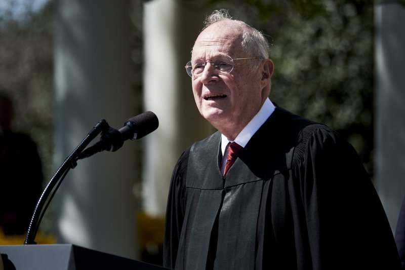 Supreme Court Justice Anthony Kennedy speaks before administering the oath of office to Judge Neil Gorsuch in the White House Rose Garden on April 10, 2017. MUST CREDIT: Bloomberg photo by T.J. Kirkpatrick