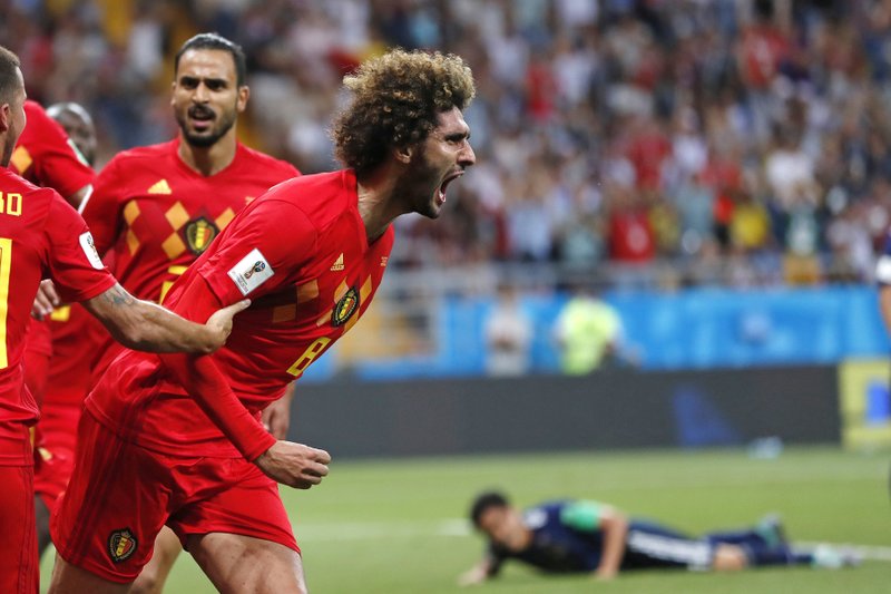 The Associated Press FELLAINI SCORES: Belgium's Marouane Fellaini celebrates after scoring his side's second goal during the round of 16 match between Belgium and Japan at the 2018 World Cup in Rostov Arena in Rostov-on-Don, Russia, Monday.