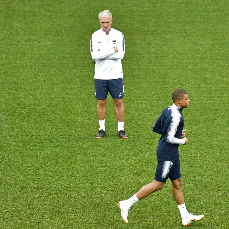 The Associated Press SPEEDY FRENCHMAN: France head coach Didier Deschamps watches France's Kylian Mbappe during France's official training on the eve of today's quarterfinal match against Uruguay at the 2018 FIFA World Cup in Nizhny Novgorod, Russia. Les Bleus look to pit Mbappe's speed against Uruguay's defense, anchored by Diego Godin.