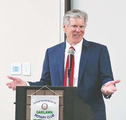 The Sentinel-Record/Grace Brown THINKING REGIONALLY: Hot Springs Mayor Pat McCabe touts the benefits of a multi-county approach to economic development Monday while speaking to Oaklawn Rotary Club at The Hotel Hot Springs &amp; Spa.