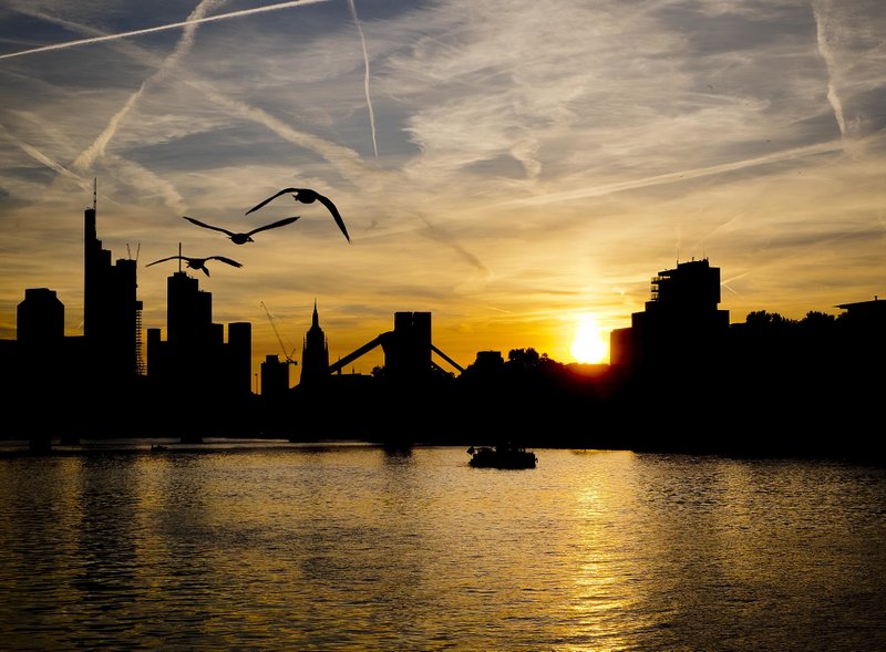 Birds fly over the river Main as the sun sets in Frankfurt, Germany, Saturday, July 7, 2018. (AP Photo/Michael Probst)