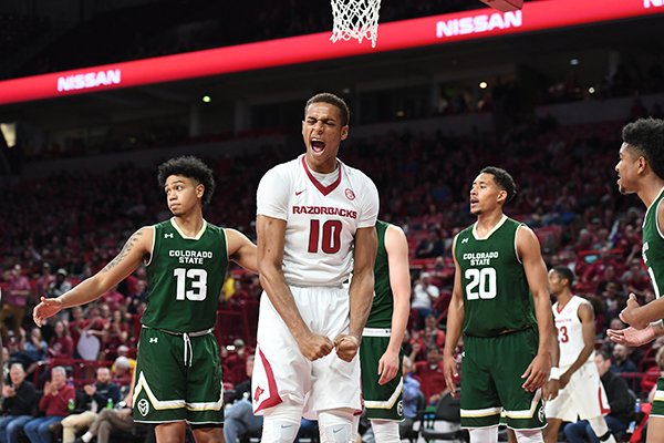 Arkansas forward Daniel Gafford celebrates a shot and foul during a game against Colorado State on Tuesday, Dec. 5, 2017, in Fayetteville. 