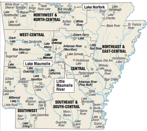 A map showing the location of Arkansas fishing spots.