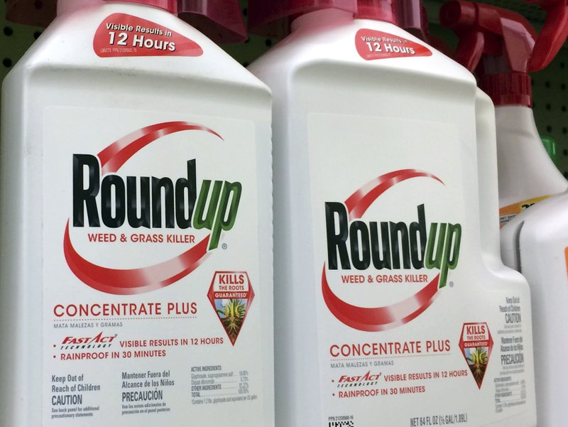This Jan. 26, 2017, file photo shows containers of Roundup, a weed killer made by Monsanto, on a shelf at a hardware store in Los Angeles.