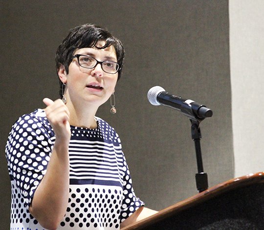 The Sentinel-Record/Rebekah Hedges STOPPING THE TRAFFICKING: Angelyn McMurray, president of We Are Free, located in Hope, speaks on the topic of human trafficking at the Arkansas School Counselor Association 2018 conference on Tuesday.