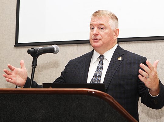 The Sentinel-Record/Richard Rasmussen TRAILBLAZING: Garver LLC Vice President Wallace Smith gives a progress report on preliminary design work for the Southwest Trail Wednesday at the Hot Springs Convention Center.