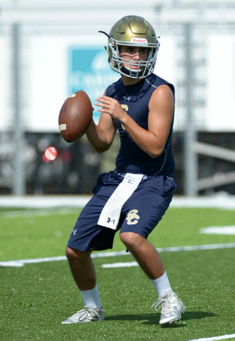 NWA Democrat-Gazette/ANDY SHUPE Shiloh Christian quarterback Eli Reece looks to pass against Springfield, Mo., Friday, July 13, 2018, during the Southwest Elite 7 on 7 tournament at Champions Stadium at Shiloh Christian in Springdale. Visit nwadg.com/photos to see more photographs from the game.