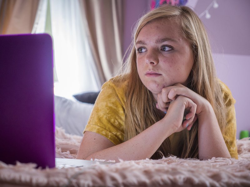 This image released by A24 shows Elsie Fisher in a scene from &quot;Eighth Grade.&quot; (Linda Kallerus/A24 via AP)