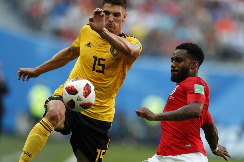 The Associated Press BATTLE IT OUT: Belgium's Thomas Meunier, left, and England's Danny Rose challenge for the ball during the third-place match of the 2018 FIFA World Cup in St. Petersburg, Russia, Saturday. Belgium defeated England, 2-0, to finish third in the tournament.