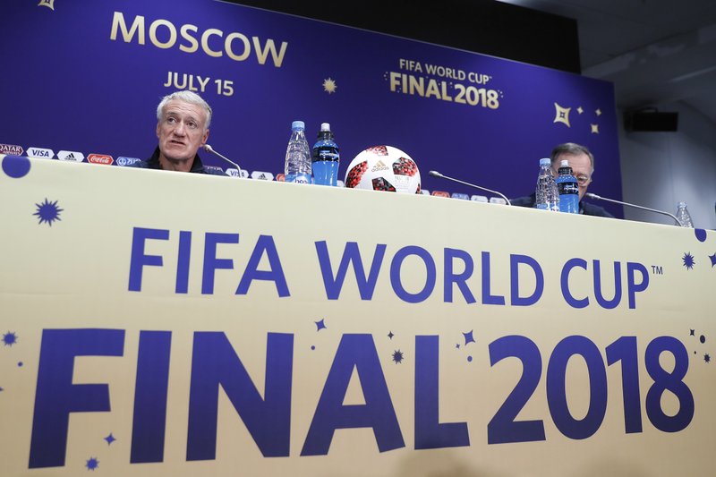 The Associated Press BATTLE OF UNBEATENS: France head coach Didier Deschamps answers to journalists during the official press conference Saturday at the Luzhniki Stadium on the eve of the 2018 FIFA World Cup final against Croatia in Moscow, Russia. Neither France nor Croatia, which is in its first World Cup final, lost during the group stage of the tournament.