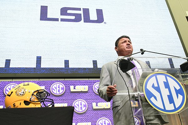 LSU head coach Ed Orgeron speaks during NCAA college football Southeastern Conference media days at the College Football Hall of Fame in Atlanta, Monday, July 16, 2018. (AP Photo/John Amis)