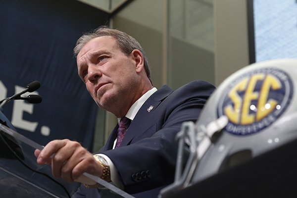 Texas A&M head coach Jimbo Fisher speaks during NCAA college football Southeastern Conference media days at the College Football Hall of Fame in Atlanta, Monday, July 16, 2018. (AP Photo/John Bazemore)
