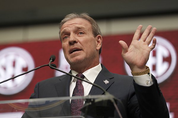 Texas A&M head coach Jimbo Fisher speaks at Southeastern Conference Media Days Monday, July 16, 2018, in Atlanta. (AP Photo/John Bazemore)