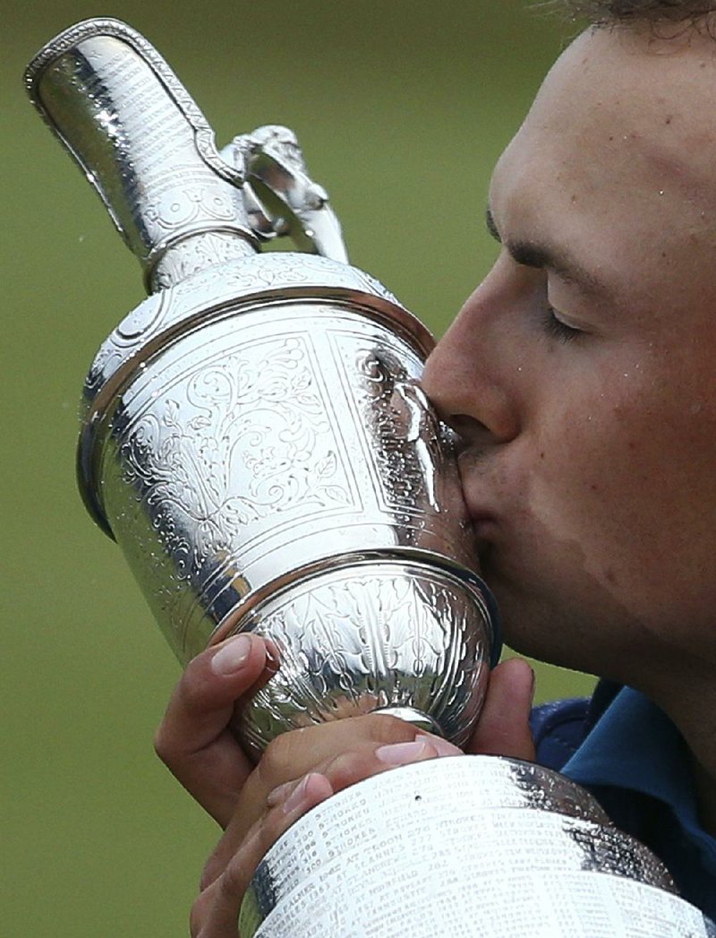 Jordan Spieth kisses the Claret Jug after winning the 2017 British Open Golf Championship at Royal Birkdale in Southport, England. Spieth would like to defend his title and keep the jug for another year.   