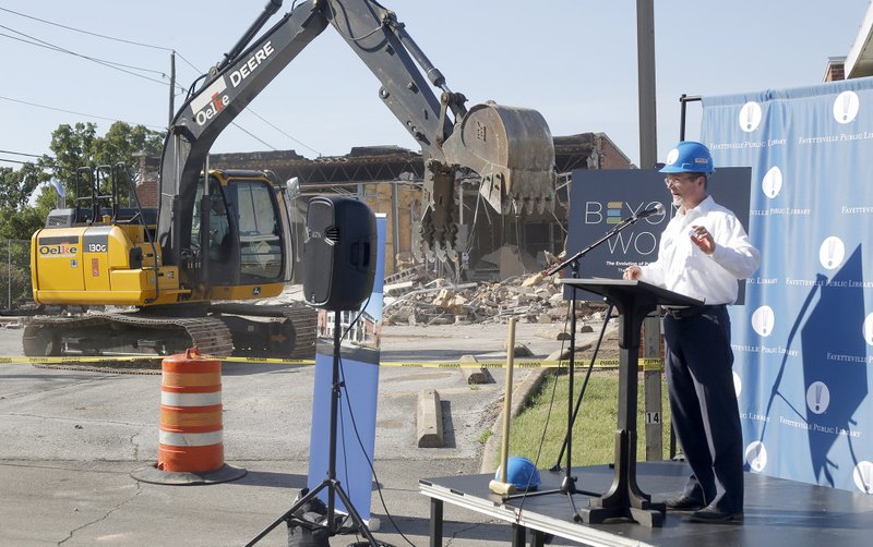 NWA Democrat-Gazette/DAVID GOTTSCHALK David Johnson, executive director of the Fayetteville Public Library, gives final instructions during a formal ceremony Tuesday, July 17, 2018, marking the beginning of the demolition of the old City Hospital building for the expansion of the Fayetteville Public Library.