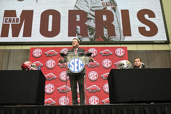 Arkansas head coach Chad Morris speaks during the NCAA college football Southeastern Conference media days at the College Football Hall of Fame in Atlanta, Tuesday, July 17, 2018. (AP Photo/John Amis)	